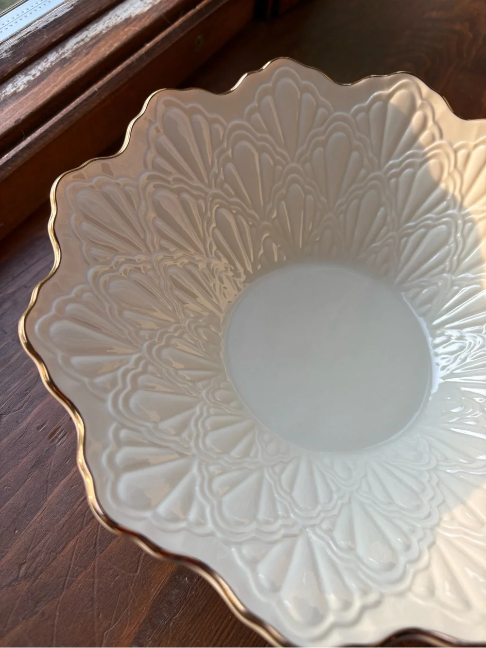 Lenox White Embossed Ceramic Serving Bowl with Gold Trim